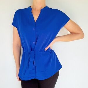CiciBird blue button front cinched tie waist short sleeve blouse size medium